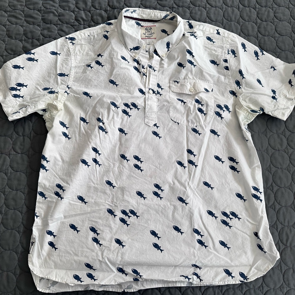 Men's White Shirt with Navy Fish Pattern